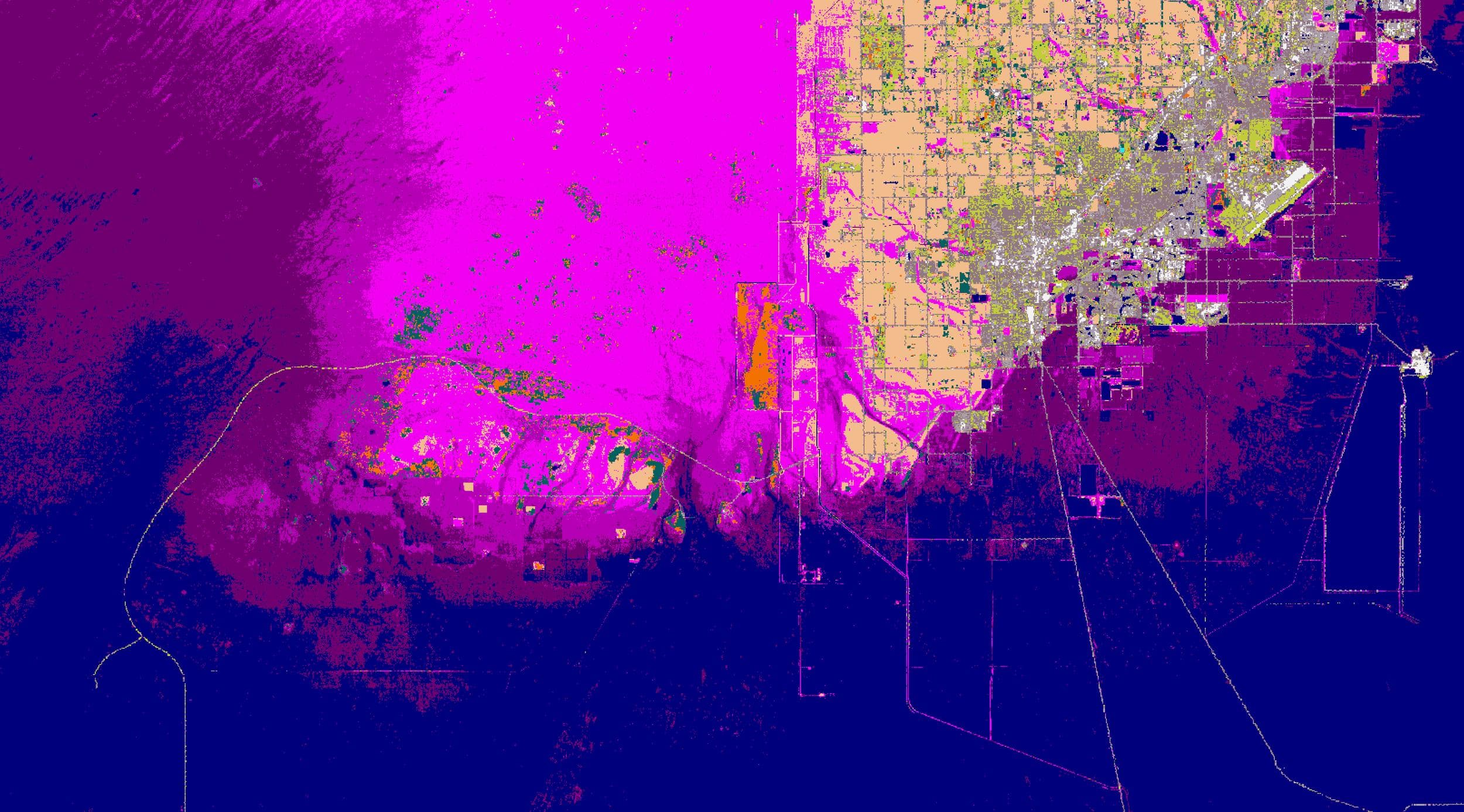 Pink, blue and yellow map.