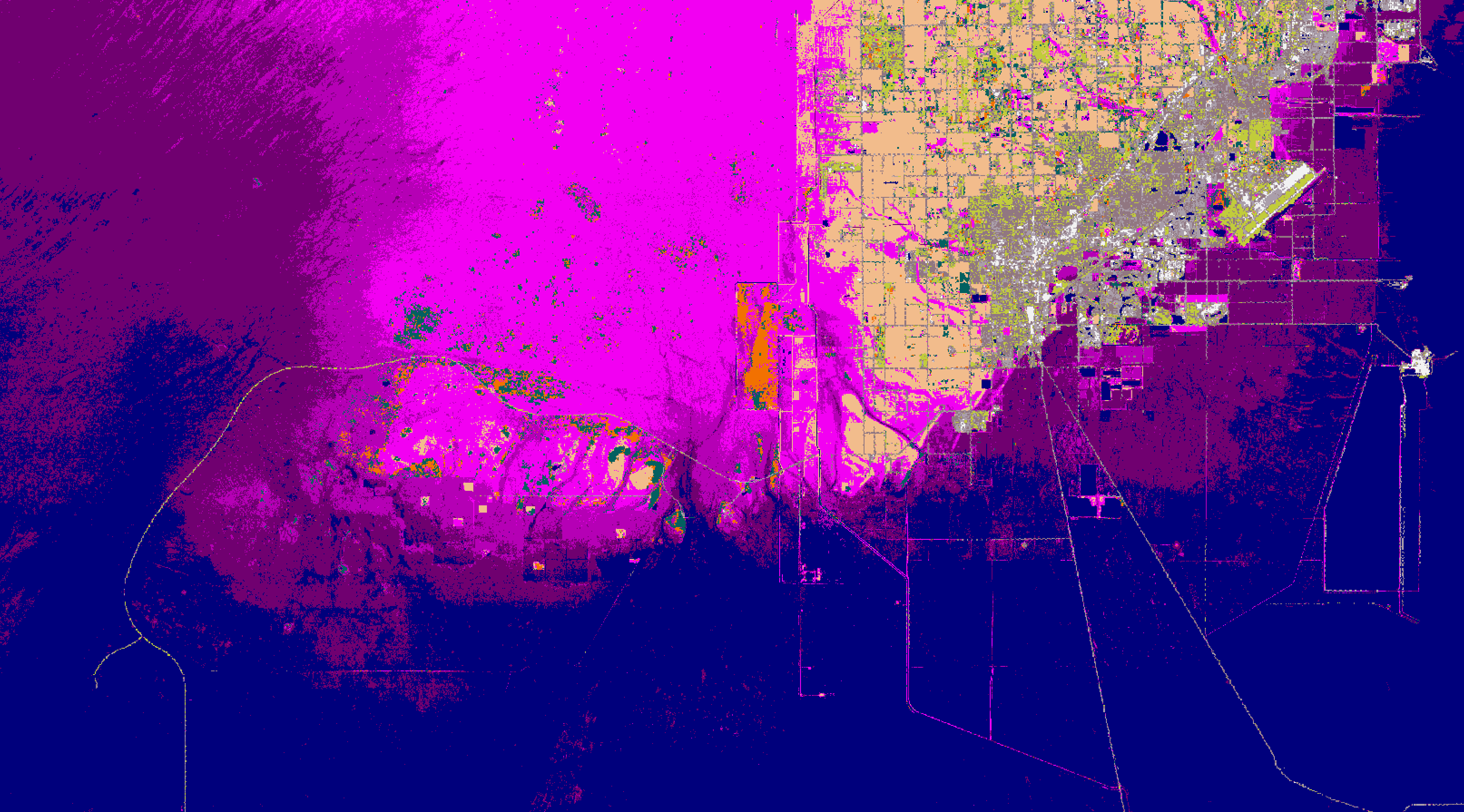 Abstract map showing sea level rise, of primarily blue, magenta, and yellowish tones.