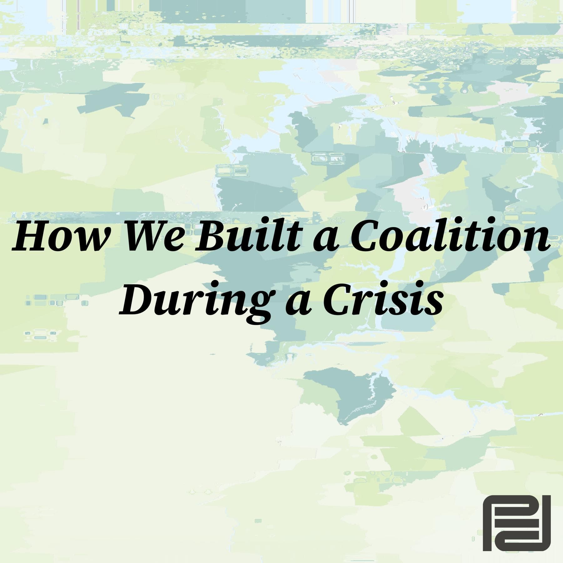 Bold, black text that reads "How we Built a Coalition During a Crisis" is overlaid on a green glitched map.