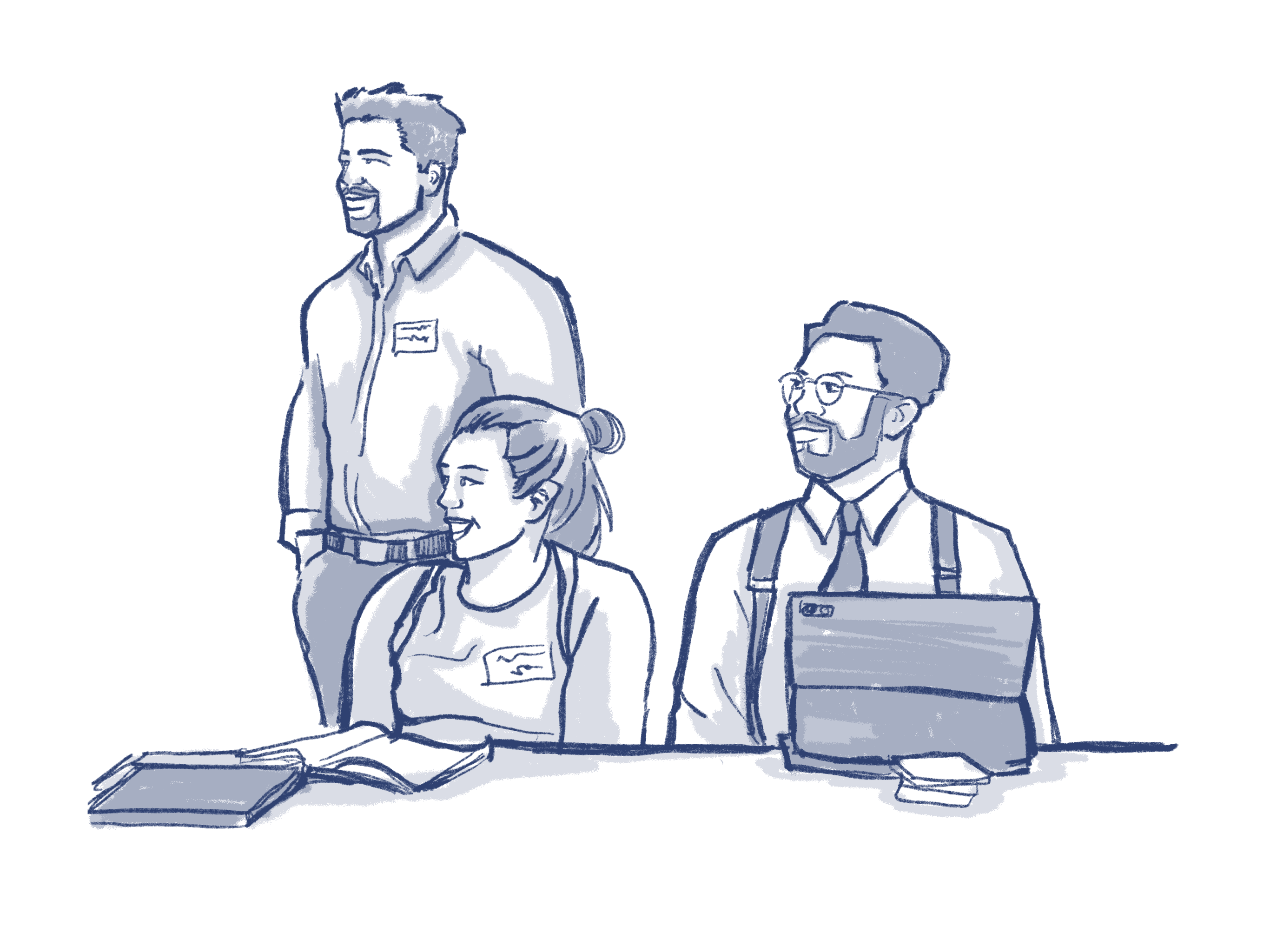 line drawing of team sitting at desk