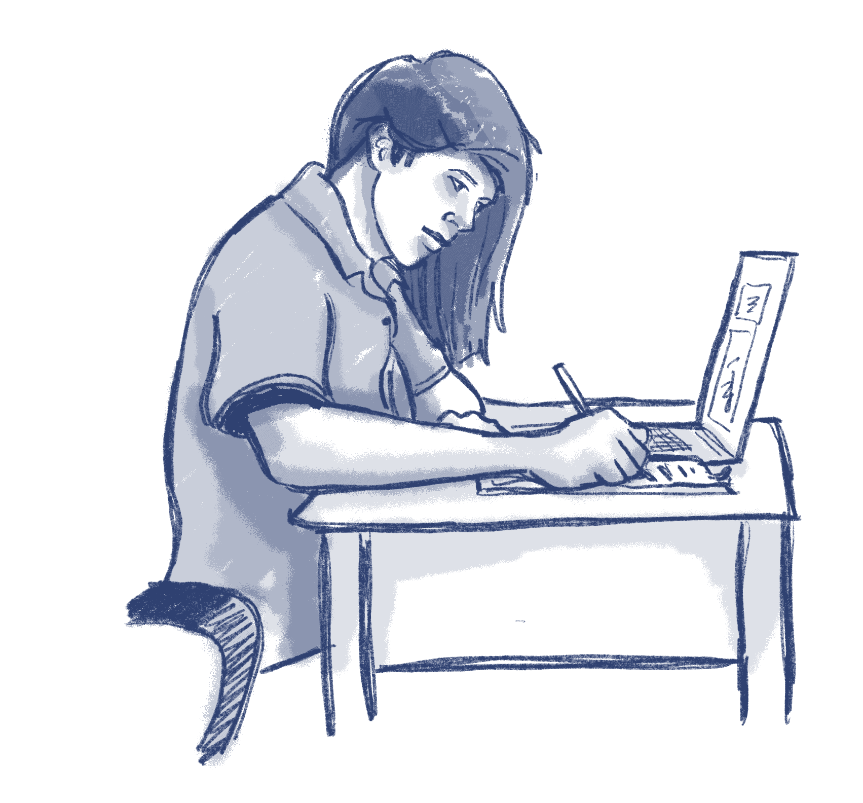 line sketch drawing of a person sitting at a desk writing with their laptop open