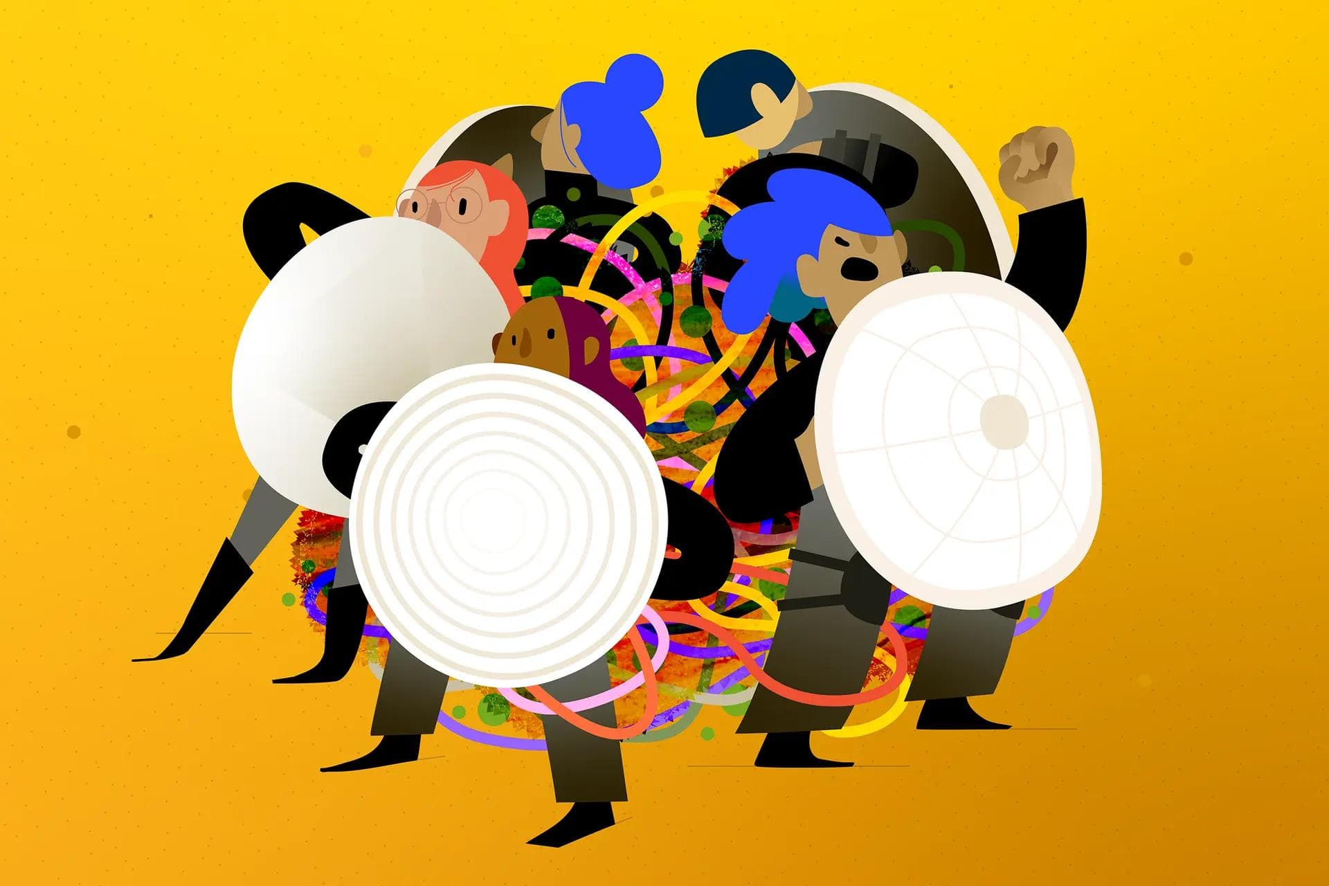 Cartoon image of women with shields standing in a circle and facing out. Inside the circle, is a tangle of colored lines that represent data.